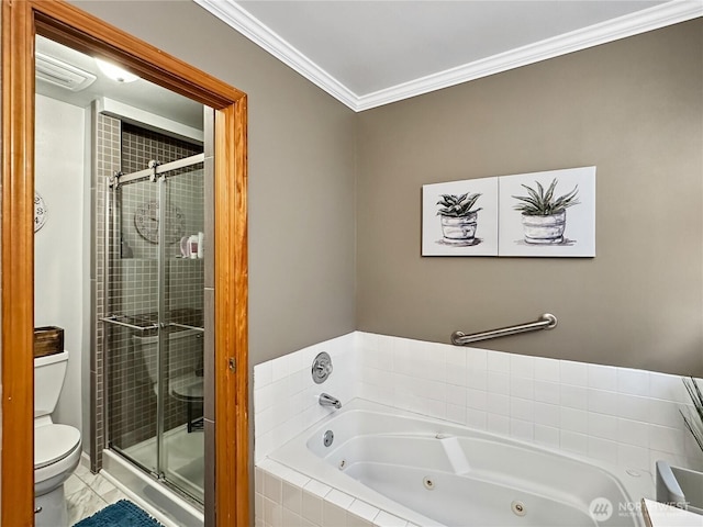 4207 Campus Green Loop NE, Lacey, WA 98516 - bathroom featuring toilet, crown molding, a stall shower, and a tub with jets