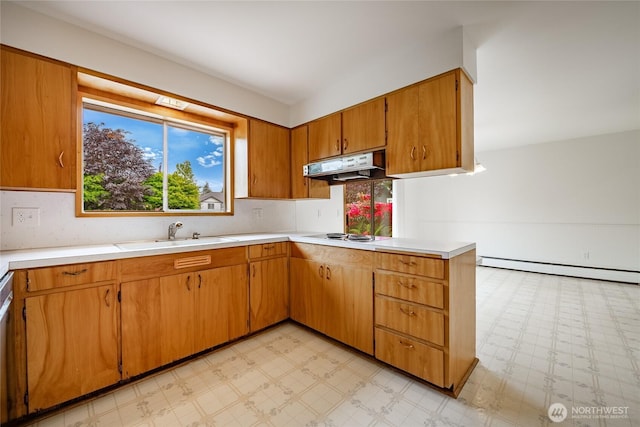 924 Pine St, Lynden, WA 98264 - kitchen featuring under cabinet range hood, a sink, light floors, light countertops, and tasteful backsplash