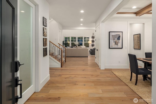 3976 154th Ave SE, Bellevue, WA 98006 - hallway with baseboards, recessed lighting, light wood-type flooring, and stairs