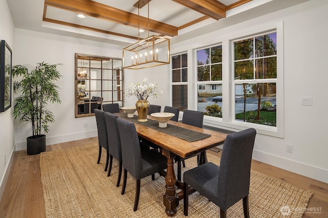 3976 154th Ave SE, Bellevue, WA 98006 - dining room with baseboards, beamed ceiling, light wood-type flooring, and a chandelier