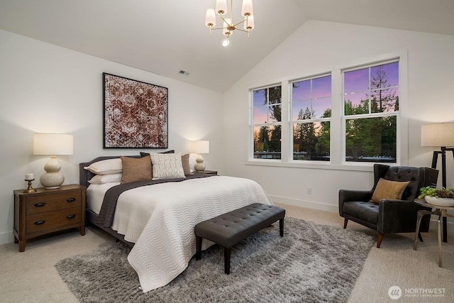 3976 154th Ave SE, Bellevue, WA 98006 - bedroom featuring carpet, a chandelier, lofted ceiling, and baseboards
