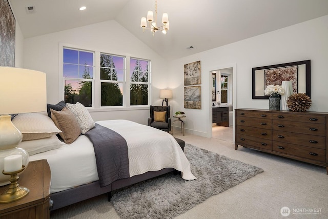 3976 154th Ave SE, Bellevue, WA 98006 - bedroom featuring lofted ceiling, light colored carpet, a chandelier, ensuite bathroom, and baseboards