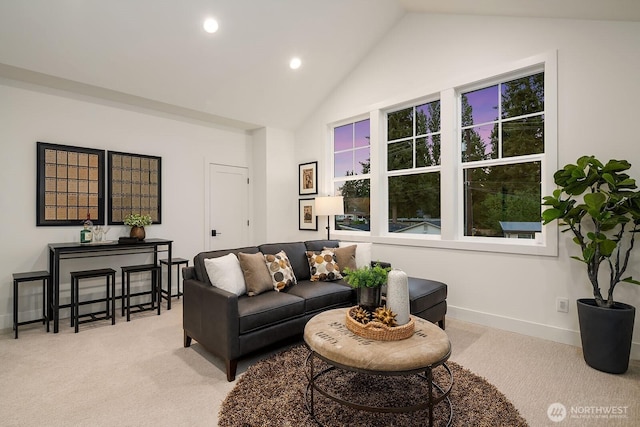 3976 154th Ave SE, Bellevue, WA 98006 - living room with light colored carpet, vaulted ceiling, recessed lighting, and baseboards