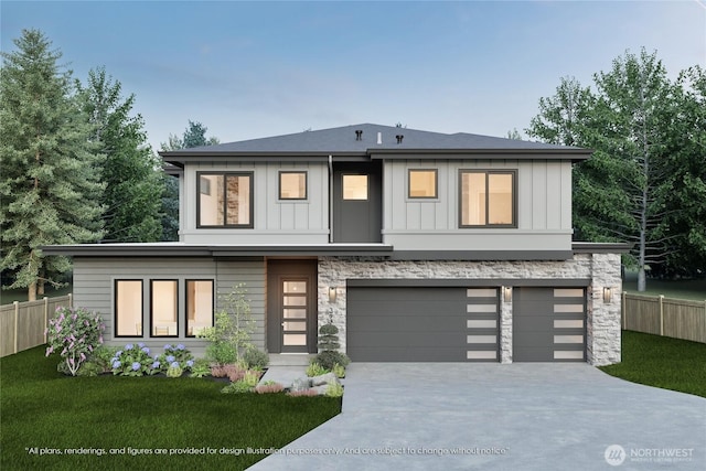 3976 154th Ave SE, Bellevue, WA 98006 - view of front of house featuring board and batten siding, driveway, an attached garage, and stone siding