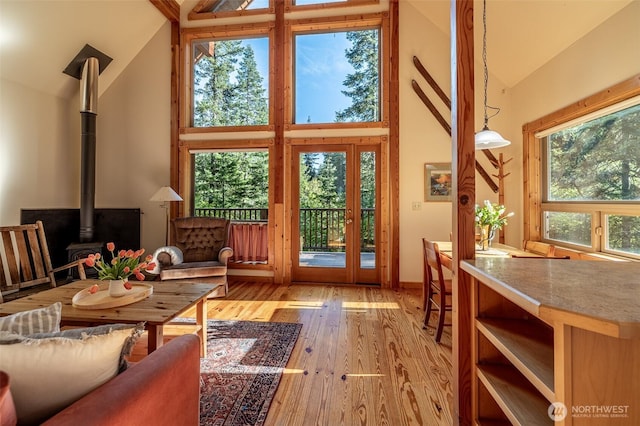 entryway featuring plenty of natural light, wood finished floors, high vaulted ceiling, and a wood stove