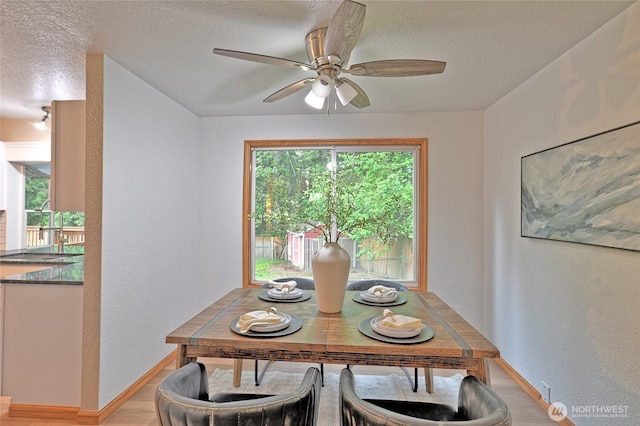 dining area with baseboards, a ceiling fan, plenty of natural light, a textured ceiling, and a textured wall