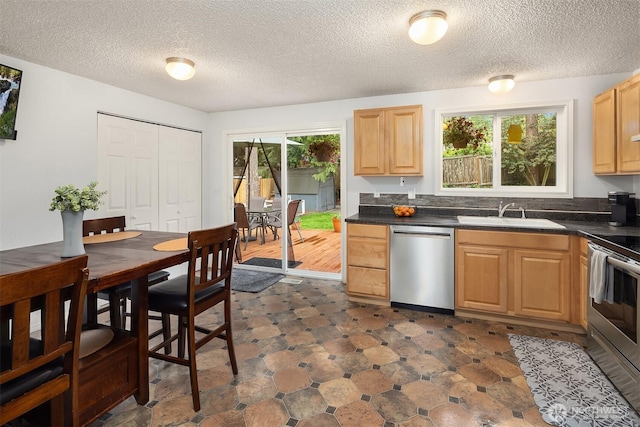 kitchen featuring stainless steel appliances, a sink, dark countertops, dark flooring, and light brown cabinets