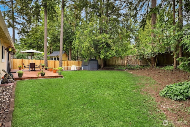 view of yard featuring a shed, a deck, and an outdoor structure