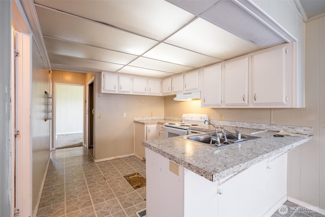 3701 Gun Club Rd Unit 16, Yakima, WA 98901 - kitchen with white range with electric cooktop, under cabinet range hood, a sink, baseboards, and a peninsula