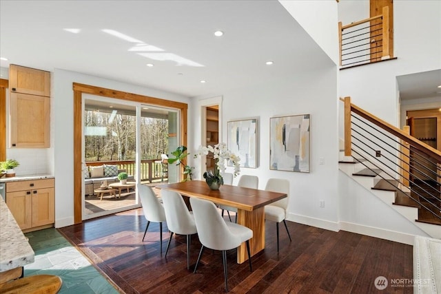 8607 436th Ave SE, North Bend, WA 98045 - dining space featuring stairs, recessed lighting, wood finished floors, and baseboards