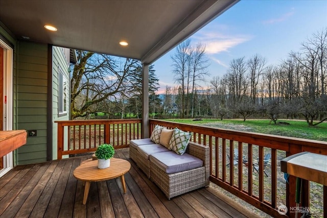 8607 436th Ave SE, North Bend, WA 98045 - wooden terrace featuring view of scattered trees and an outdoor hangout area