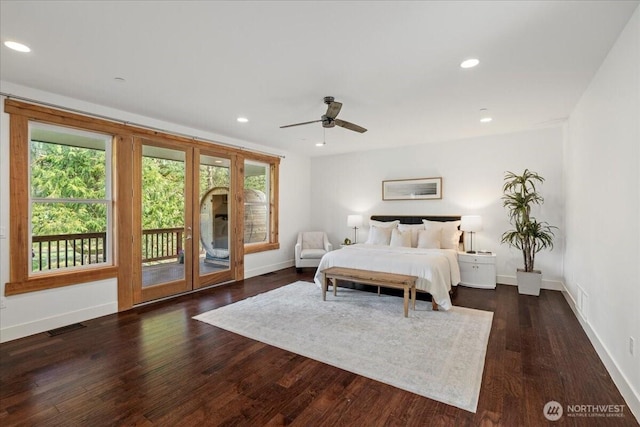 8607 436th Ave SE, North Bend, WA 98045 - bedroom featuring access to outside, multiple windows, baseboards, dark wood-style floors, and recessed lighting