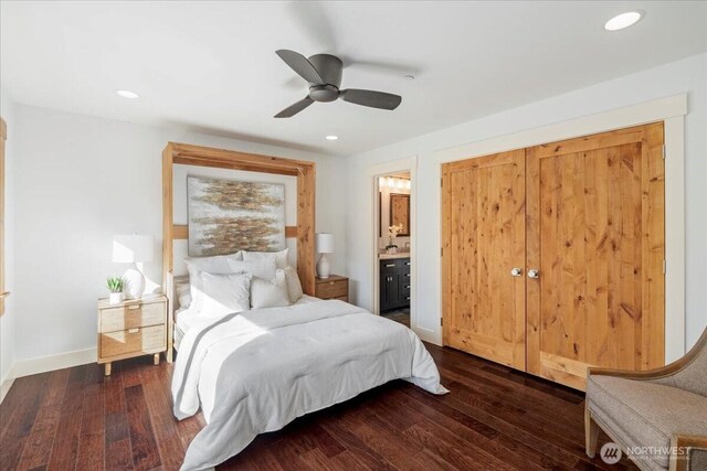 8607 436th Ave SE, North Bend, WA 98045 - bedroom featuring hardwood / wood-style floors, baseboards, recessed lighting, connected bathroom, and a ceiling fan