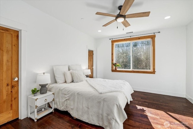 8607 436th Ave SE, North Bend, WA 98045 - bedroom featuring baseboards, wood finished floors, recessed lighting, and ceiling fan