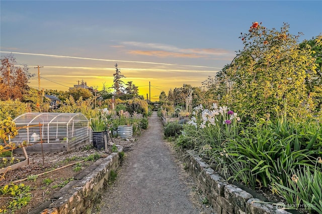 view of community featuring a greenhouse, an outdoor structure, and a vegetable garden