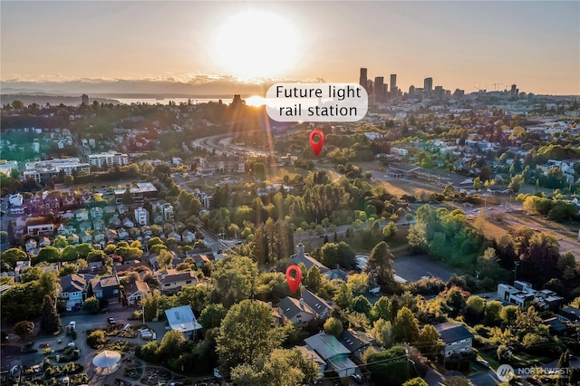aerial view at dusk of a city view