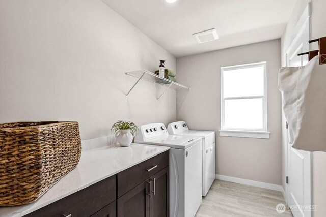 11434 SE 84th St Unit 34, Newcastle, WA 98056 - laundry room with washer and clothes dryer, baseboards, cabinet space, and light wood-type flooring