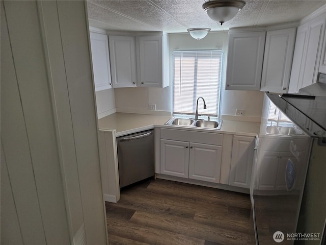 17925 Jordan St SW, Rochester, WA 98579 - kitchen featuring dishwasher, a sink, dark wood-type flooring, white cabinetry, and light countertops