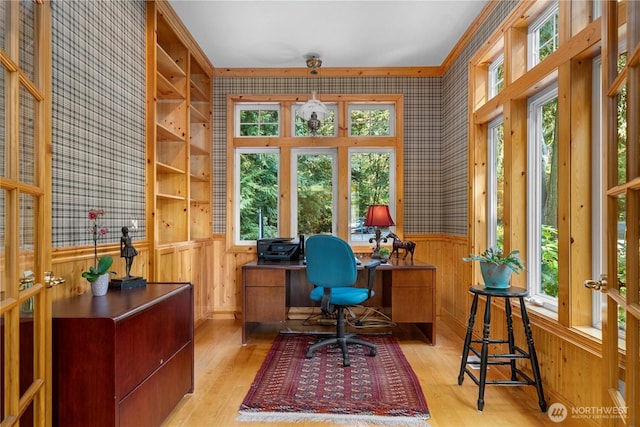 13901 Twin Lakes Dr E, Graham, WA 98338 - office space featuring a wainscoted wall, wallpapered walls, wood finished floors, and wooden walls