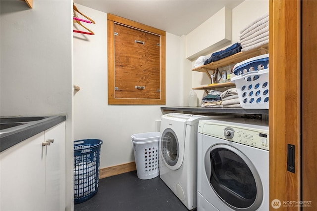 8285 NE Beck Rd, Bainbridge Island, WA 98110 - washroom featuring independent washer and dryer, cabinet space, and baseboards