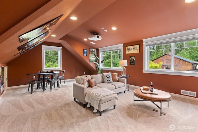 12916 318th Ave NE, Duvall, WA 98019 - carpeted living room featuring lofted ceiling, baseboards, and recessed lighting