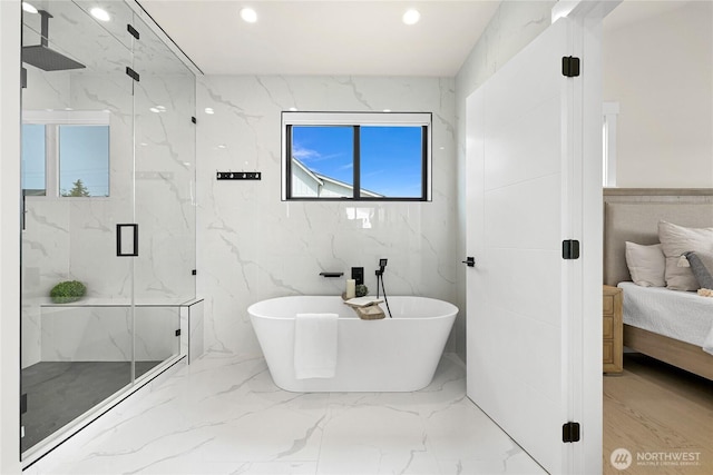 1750 Farmview Ter, Lynden, WA 98264 - full bathroom featuring a marble finish shower, a freestanding tub, recessed lighting, and marble tiled flooring