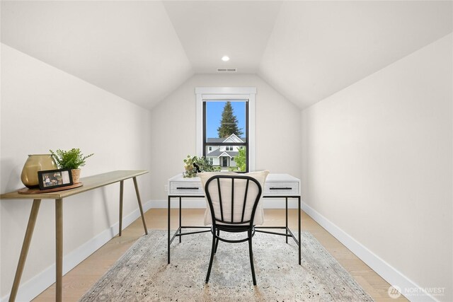 1750 Farmview Ter, Lynden, WA 98264 - office with lofted ceiling, baseboards, and light wood finished floors