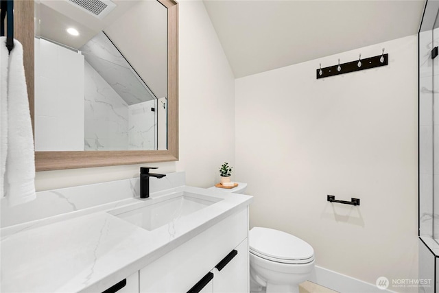 1750 Farmview Ter, Lynden, WA 98264 - full bathroom with toilet, vanity, baseboards, and vaulted ceiling