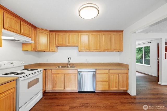 20302 52nd Ave W, Lynnwood, WA 98036 - kitchen with dishwasher, white range with electric cooktop, a sink, under cabinet range hood, and dark wood-style floors