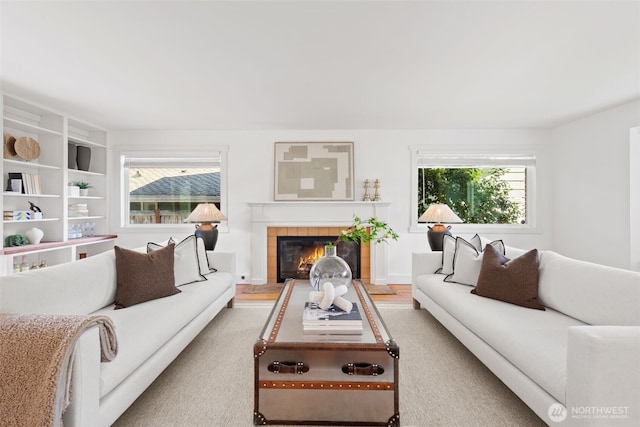 living room with a fireplace
