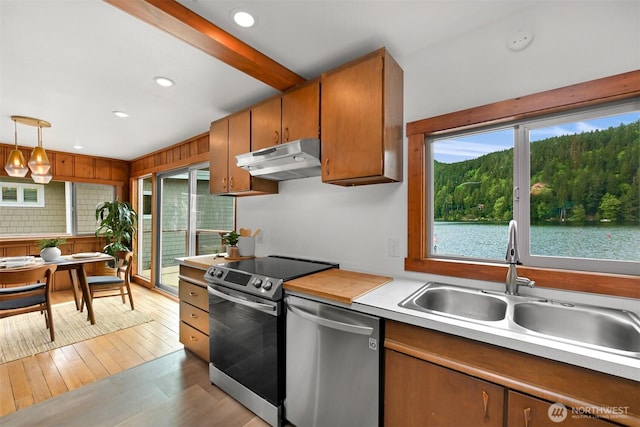 1414 Roy Rd, Bellingham, WA 98229 - kitchen featuring under cabinet range hood, appliances with stainless steel finishes, plenty of natural light, a sink, and recessed lighting