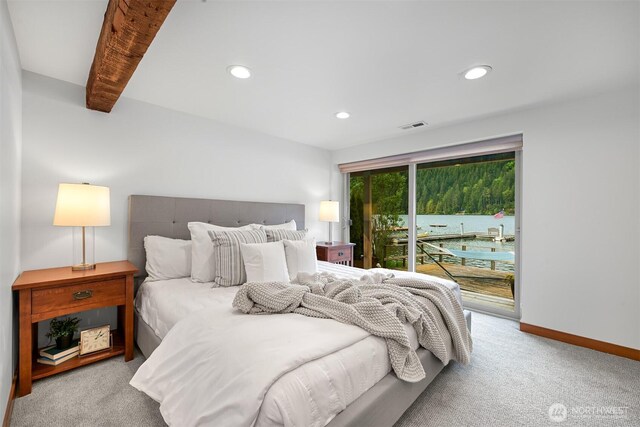 1414 Roy Rd, Bellingham, WA 98229 - bedroom with access to outside, carpet flooring, recessed lighting, baseboards, and beamed ceiling