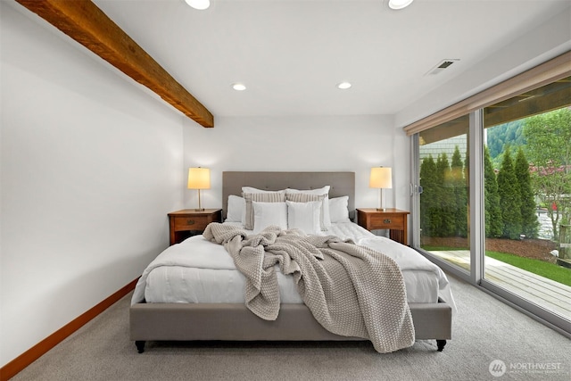 1414 Roy Rd, Bellingham, WA 98229 - bedroom featuring carpet floors, recessed lighting, access to exterior, beamed ceiling, and baseboards