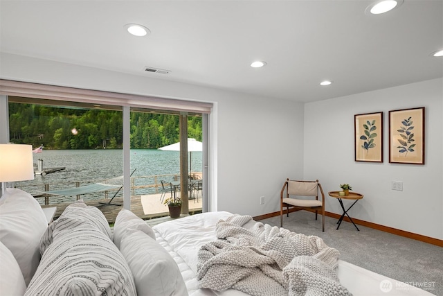 1414 Roy Rd, Bellingham, WA 98229 - carpeted bedroom featuring access to exterior, recessed lighting, baseboards, and a water view