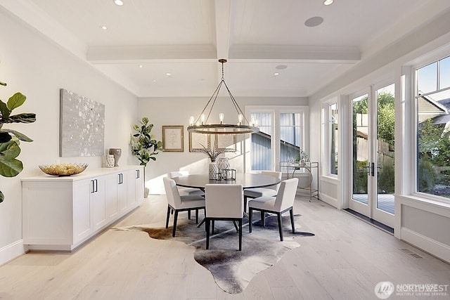 6950 SE Maker St, Mercer Island, WA 98040 - dining space with light wood-type flooring, beam ceiling, recessed lighting, baseboards, and french doors