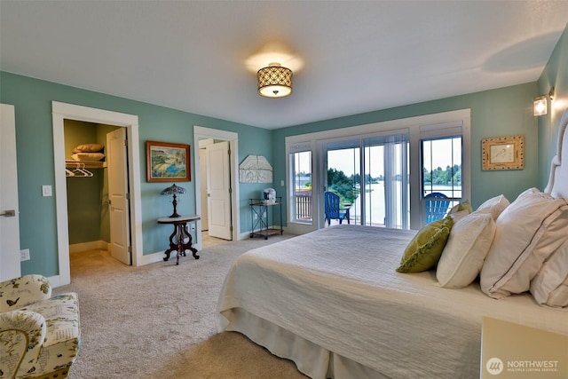381 Lake Bay Loop SE, Ocean Shores, WA 98569 - bedroom with access to exterior, a spacious closet, carpet floors, and baseboards