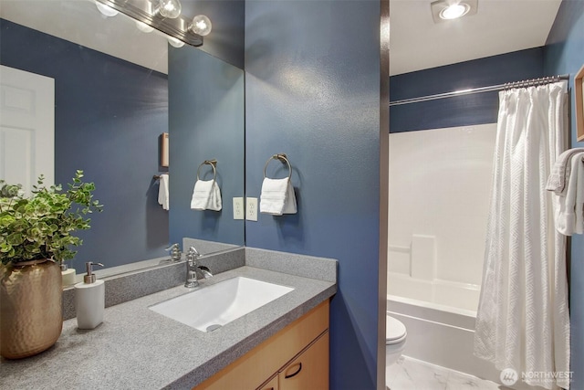 20802 72nd Ave W Unit 304, Edmonds, WA 98026 - bathroom with toilet, vanity, shower / tub combo, and marble finish flooring