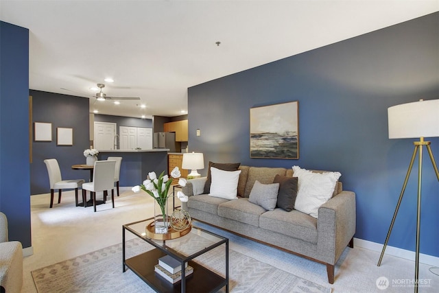 20802 72nd Ave W Unit 304, Edmonds, WA 98026 - living area with light colored carpet, baseboards, ceiling fan, and recessed lighting