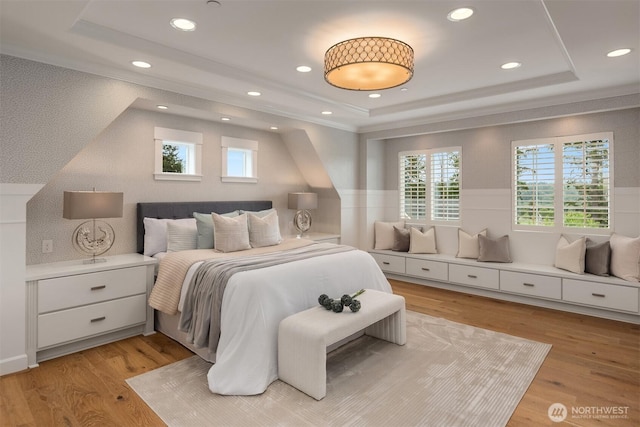 11862 155th Ave NE, Redmond, WA 98052 - bedroom featuring a tray ceiling, light wood-style floors, crown molding, and recessed lighting