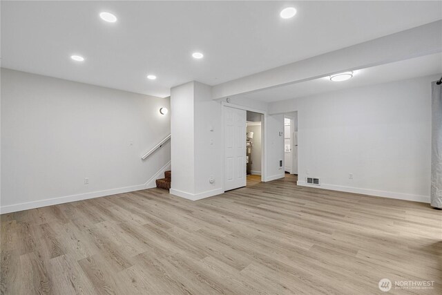 12211 SE 59th St Unit 61, Bellevue, WA 98006 - finished basement with stairs, light wood-style floors, baseboards, and recessed lighting