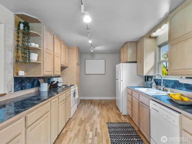 8711 Bowdoin Way, Edmonds, WA 98026 - kitchen with white appliances, a sink, light brown cabinets, open shelves, and decorative backsplash