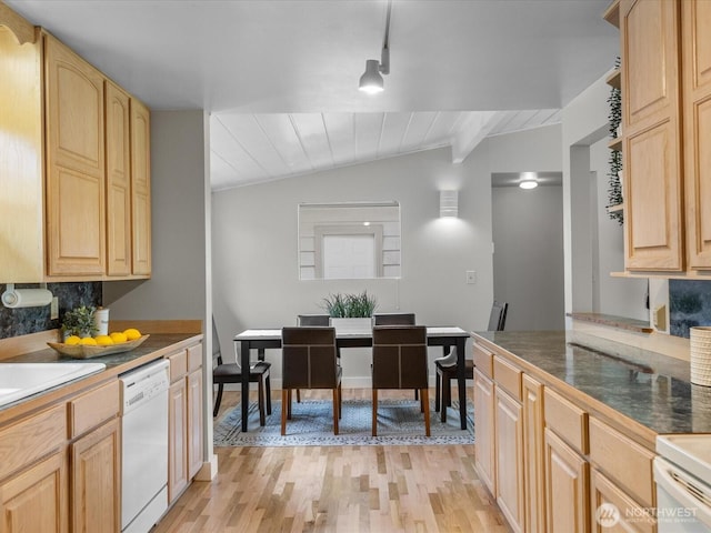 8711 Bowdoin Way, Edmonds, WA 98026 - kitchen featuring dishwasher, light wood-type flooring, lofted ceiling, and light brown cabinetry