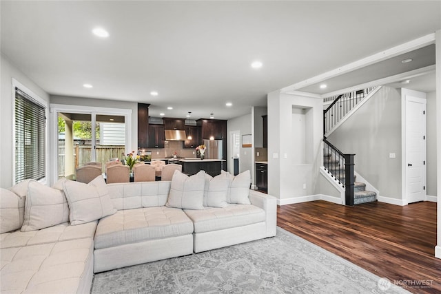6410 83rd Avenue Ct W, University Place, WA 98467 - living area with dark wood finished floors, stairs, recessed lighting, and baseboards