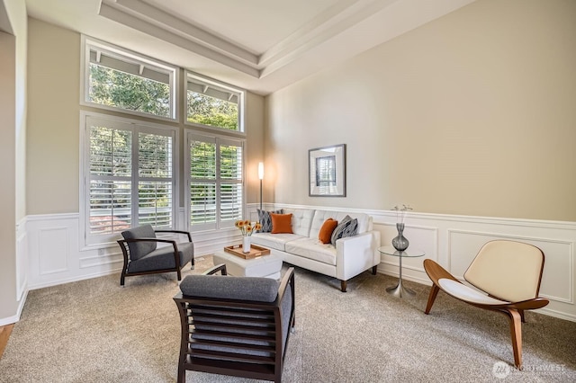 922 Chelan Ave NE, Renton, WA 98059 - carpeted living room with a decorative wall, a wainscoted wall, a high ceiling, and a tray ceiling