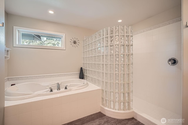 922 Chelan Ave NE, Renton, WA 98059 - bathroom featuring a walk in shower, a bath, and recessed lighting