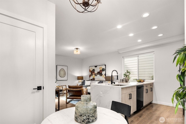 919 N 103rd St Unit A, Seattle, WA 98133 - dining room with recessed lighting, wood finished floors, a chandelier, and baseboards