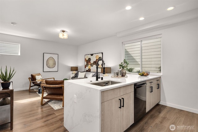 919 N 103rd St Unit A, Seattle, WA 98133 - kitchen with a sink, dishwasher, recessed lighting, dark wood-style flooring, and baseboards