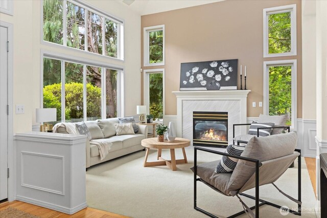living area with a premium fireplace, a high ceiling, and wood finished floors