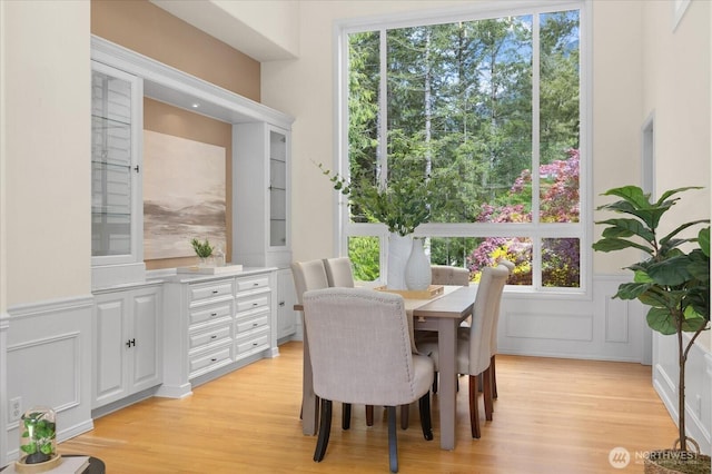 dining space with a decorative wall, light wood-style floors, a wainscoted wall, and healthy amount of natural light