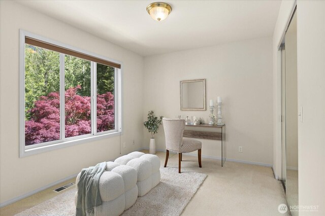 office with light carpet and baseboards